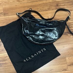 All Saints Shiny Black Leather Hobo Bag